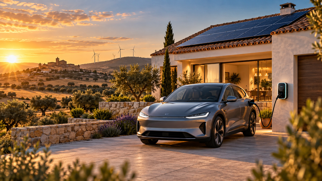 Ilustración de un coche eléctrico cargando junto a una vivienda con placas solares en un paisaje español.