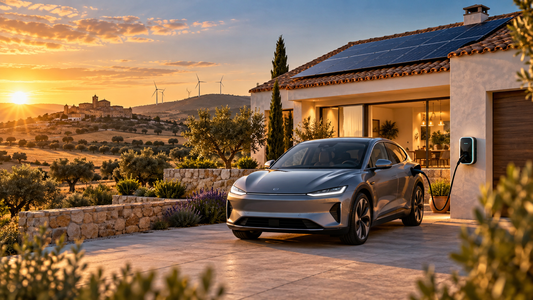 Ilustración de un coche eléctrico cargando junto a una vivienda con placas solares en un paisaje español.