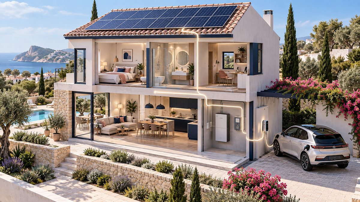 Ilustración conceptual de una vivienda con paneles solares, batería y coche eléctrico conectado a un cargador.